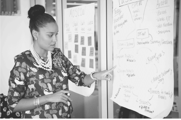 CTO brainstorming and going over ideas on a flip chart.